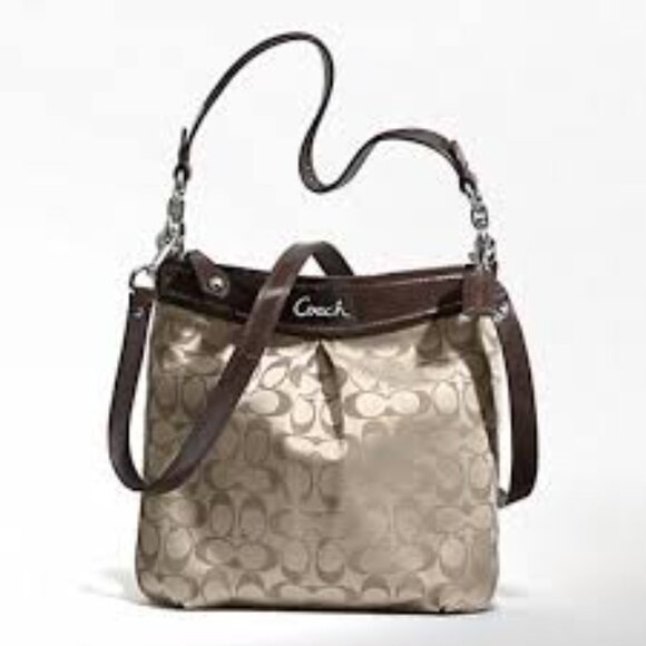 Coach Signature Satin Canvas Brown Leather Trim 2 way crossbody - Picture 1 of 6